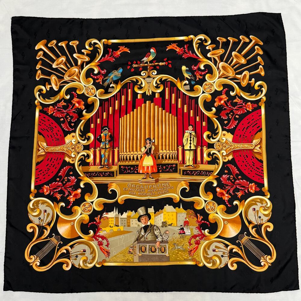 Hermès “Orgauphone et Autres Mécaniques” 90 cm Silk Scarf – Pristine, Like New!